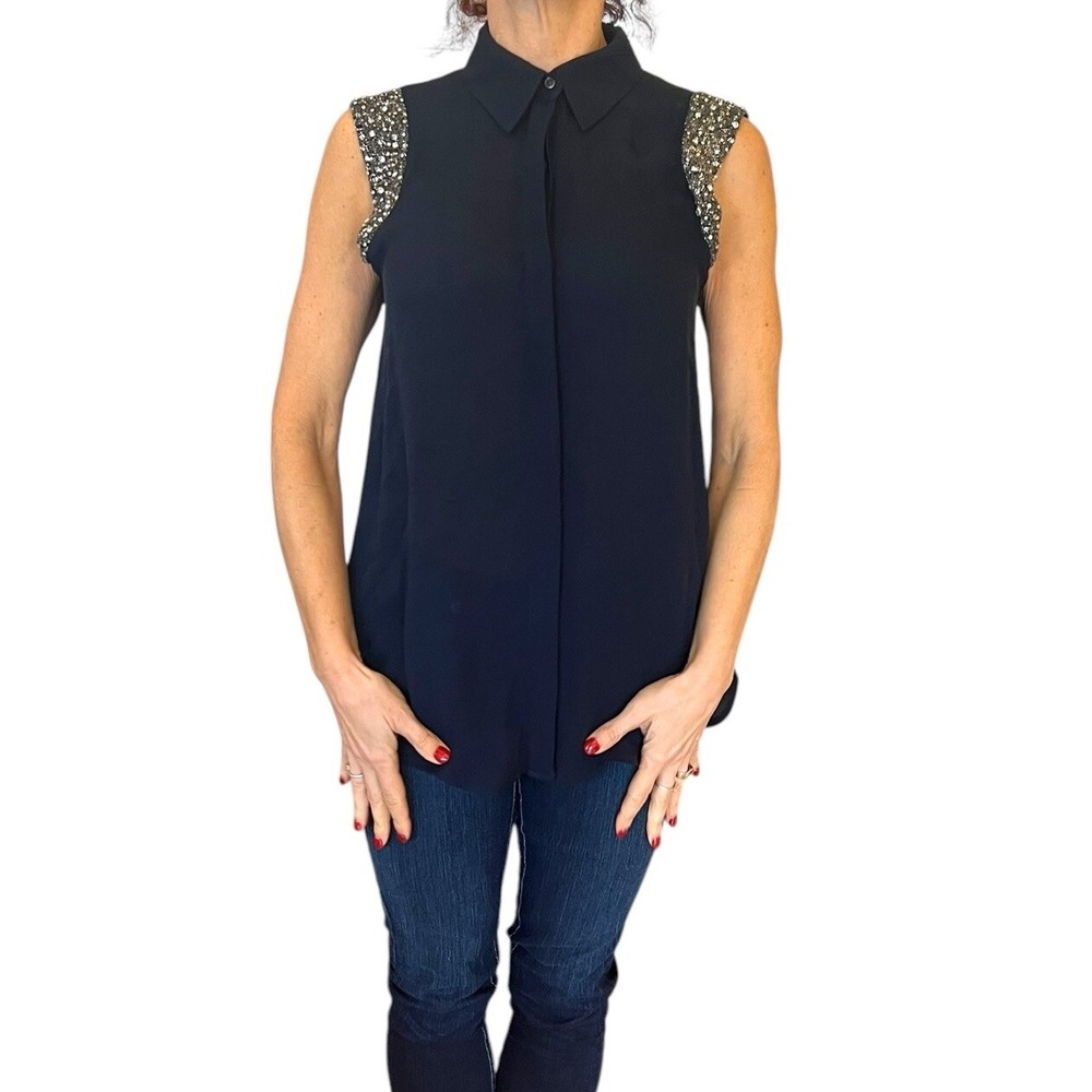 Women's HAUTE HIPPIE Navy Blue Beaded Embellished Cap Sleeve Silk Blouse S $395 - Picture 4 of 16